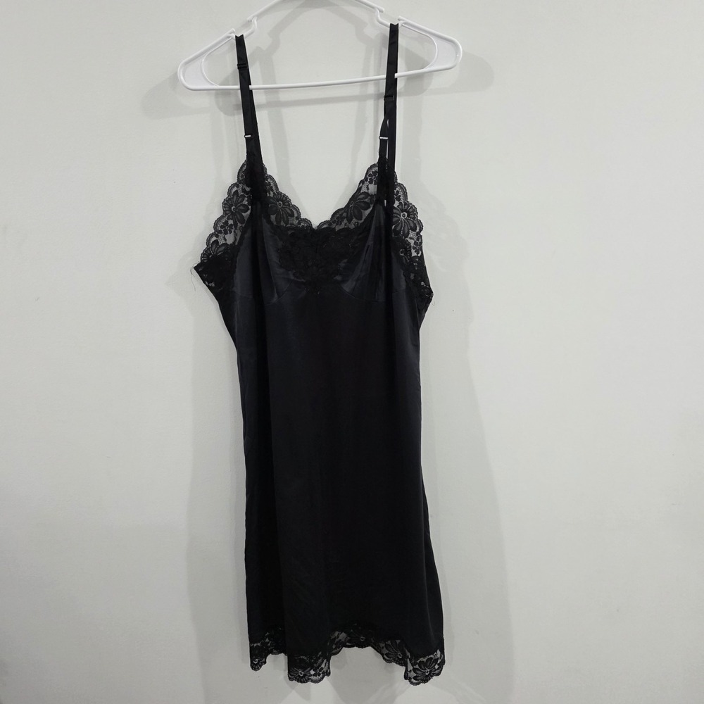 Vintage Lorraine Babydoll Womens Slip Dress Medium Black Lace Coquette Satin